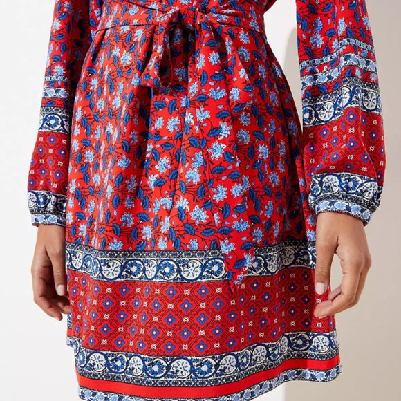 Loft Women Orange Blue Floral Boho Long Puff Sleeve Tie Waist Dress Small Petite - Picture 10 of 11